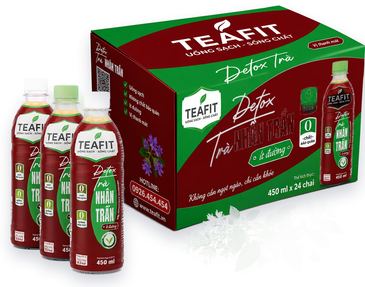 TEAFIT Detox Trà Nhân Trần — chai 450ml và thùng 24 chai